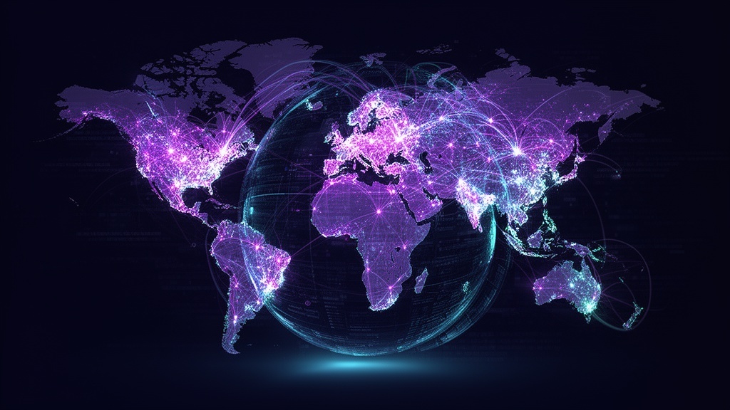 Global network connectivity map with purple and cyan glowing nodes and data routes across world continents