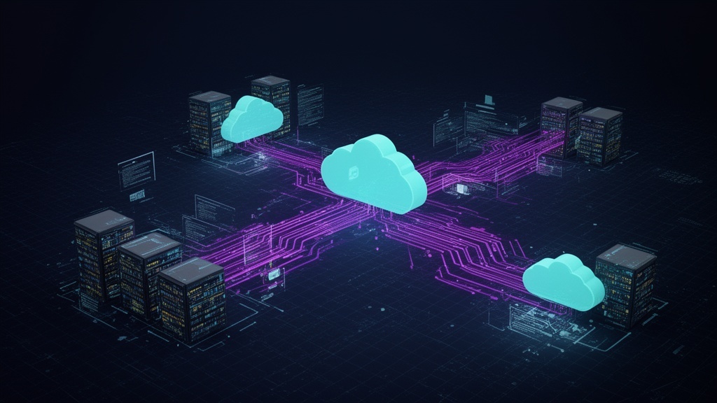 Cloud computing infrastructure with purple circuit board traces and cyan data streams connecting cloud nodes