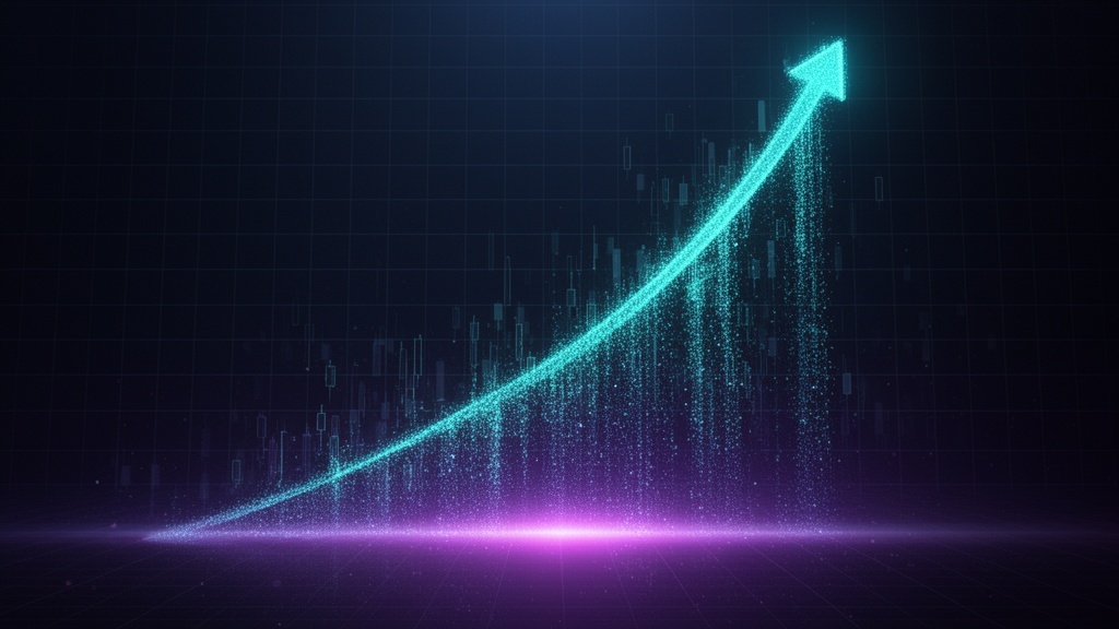 Exponential business growth curve with cyan particles and purple glow on dark grid background