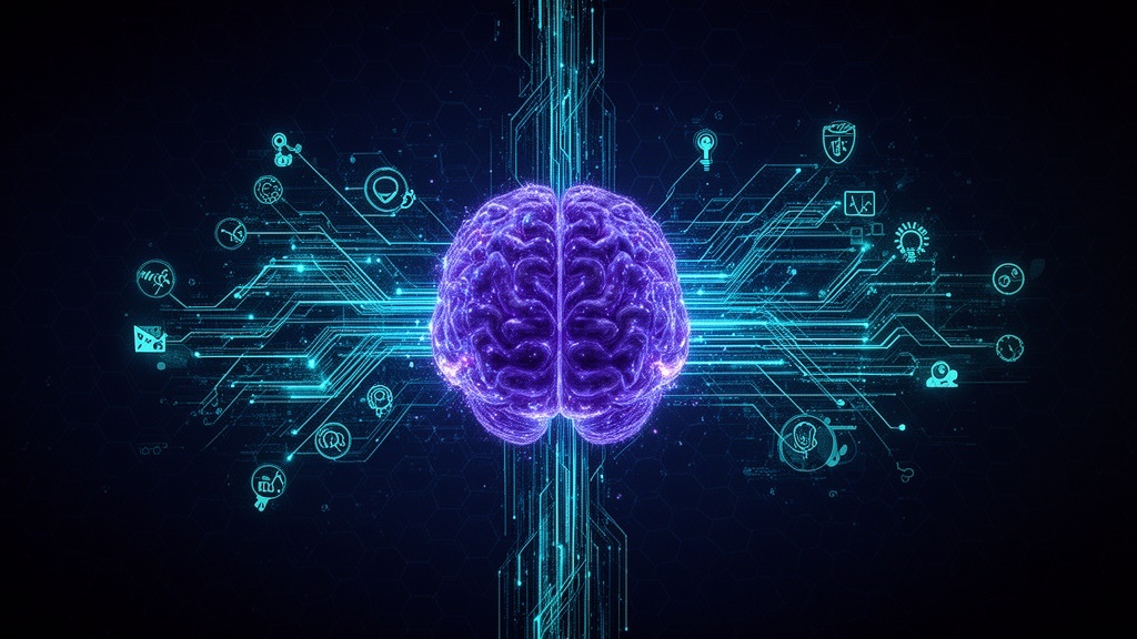 AI neural network brain with indigo pathways and cyan data streams connecting business automation icons