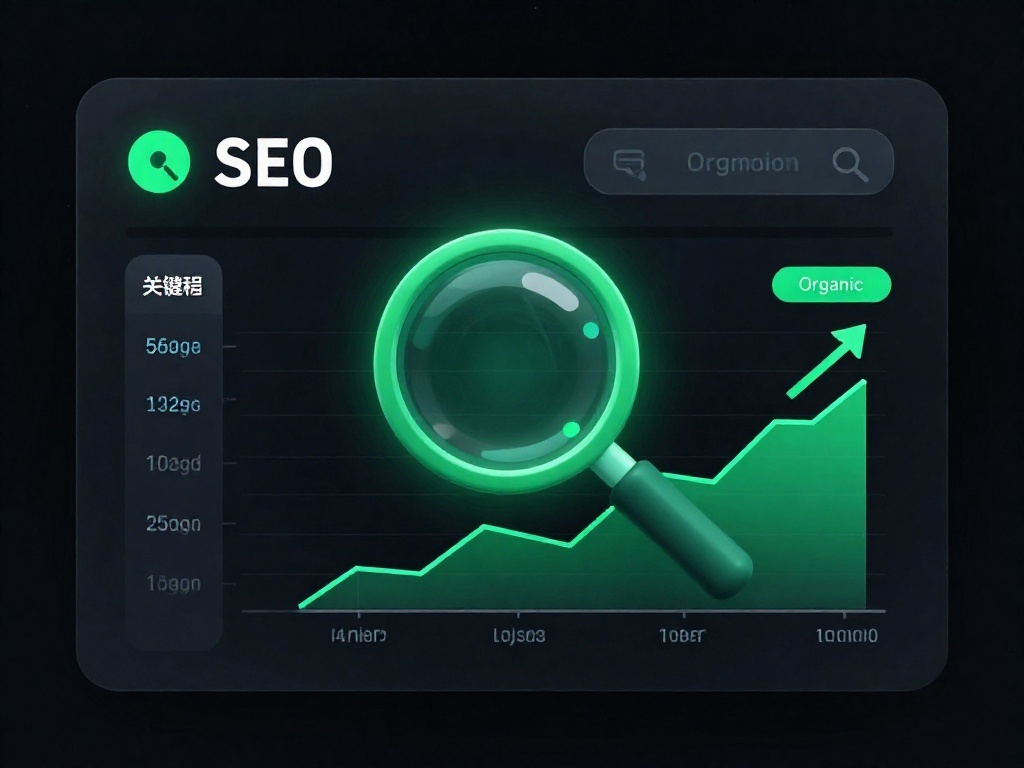 SEO analytics dashboard with keyword rankings and traffic growth visualization